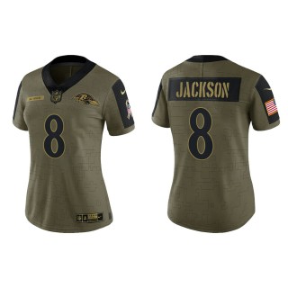 Women Baltimore Ravens Lamar Jackson Nike Olive Gold 2021 Salute To Service Limited Jersey